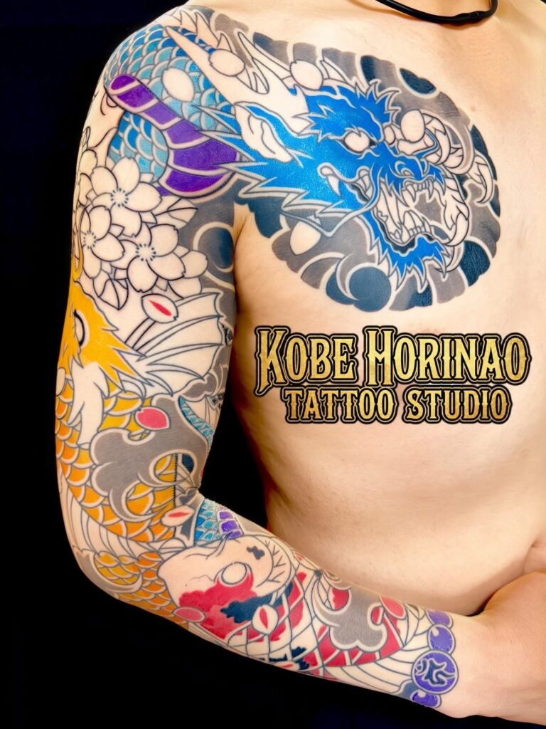青龍・登龍門・錦鯉・桜花・数珠(額彫り長袖)のタトゥー・刺青・和彫画像