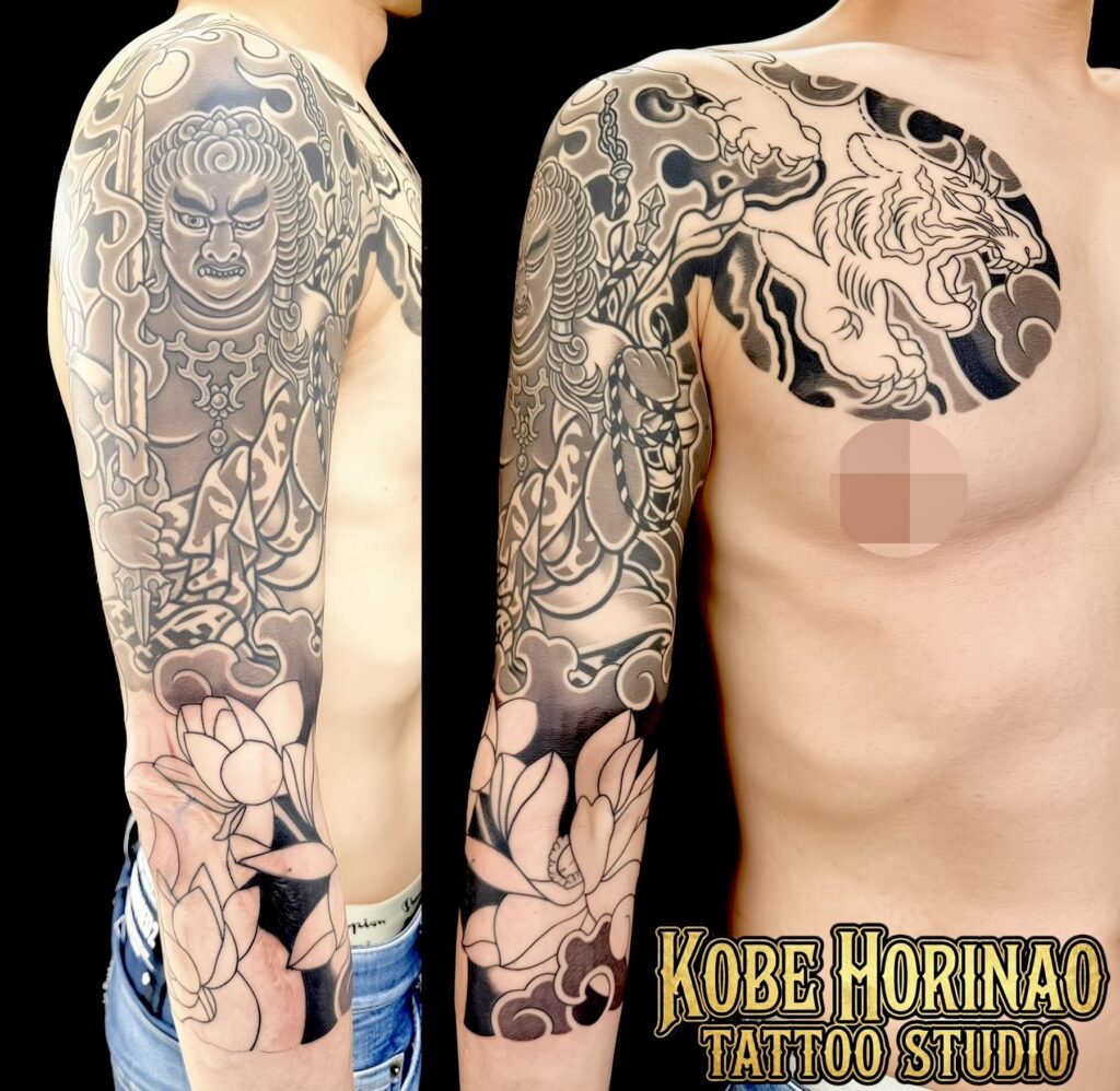 不動明王・虎・蓮を描いた額彫り七分袖の和彫タトゥー｜KOBE HORINAO TATTOO 神戸