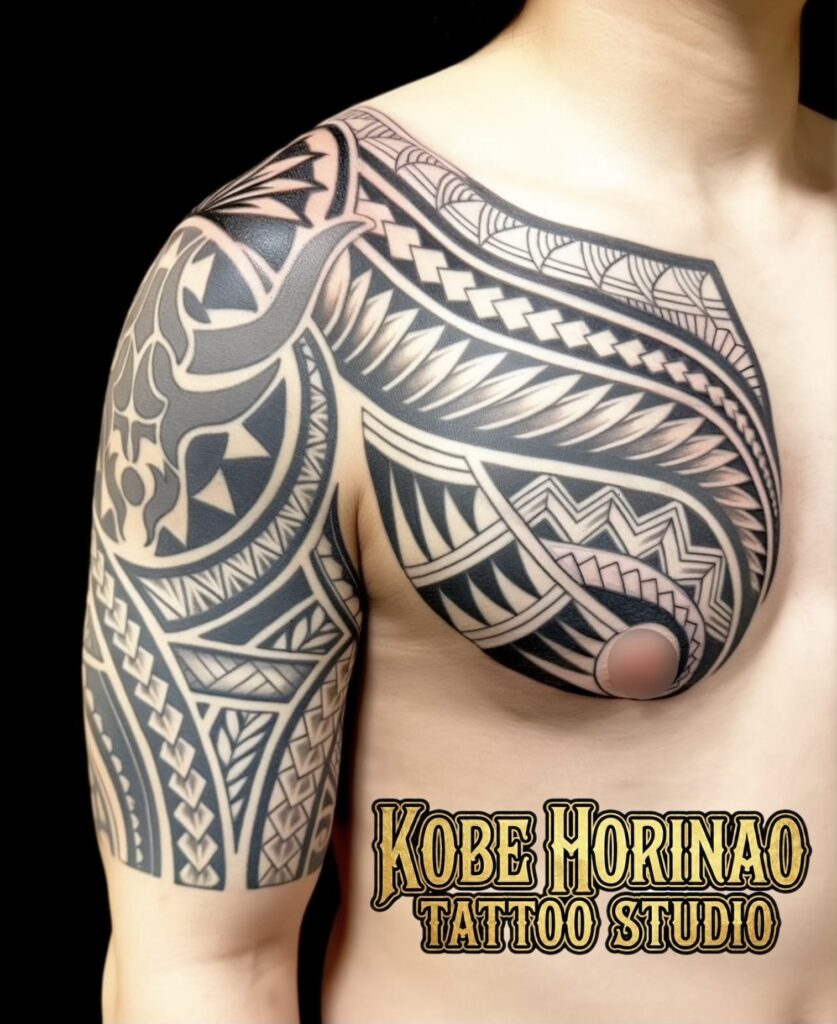 ポリネシアンタトゥー(額彫り五分袖)のタトゥー・Tattoo画像