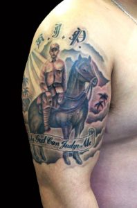 日本騎馬兵とレタリングのTattoo、タトゥーの画像（彫いち）