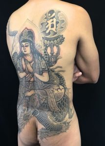 騎龍観世音菩薩の刺青、和彫り(Japanese Tattoo)の画像です。