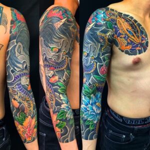 蛇・般若面・牡丹散らしの刺青、和彫り(Japanese Tattoo・タトゥー)の画像