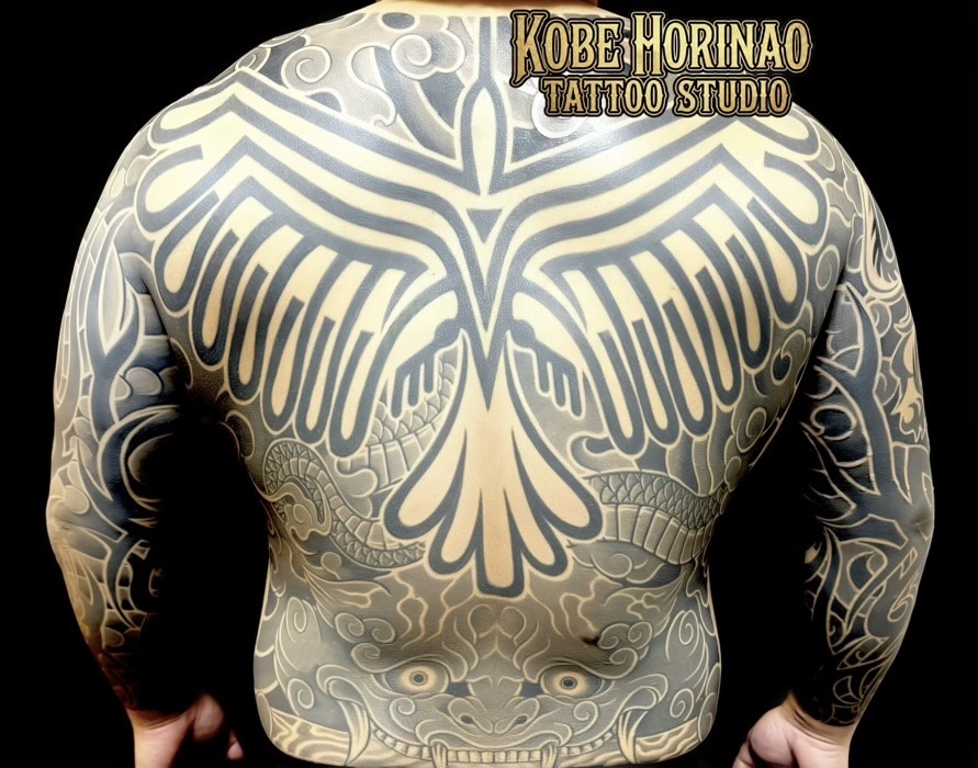 ナスカの地上絵・龍・水門・トライバルのタトゥー (和彫り・刺青)｜神戸彫なお タトゥースタジオ
